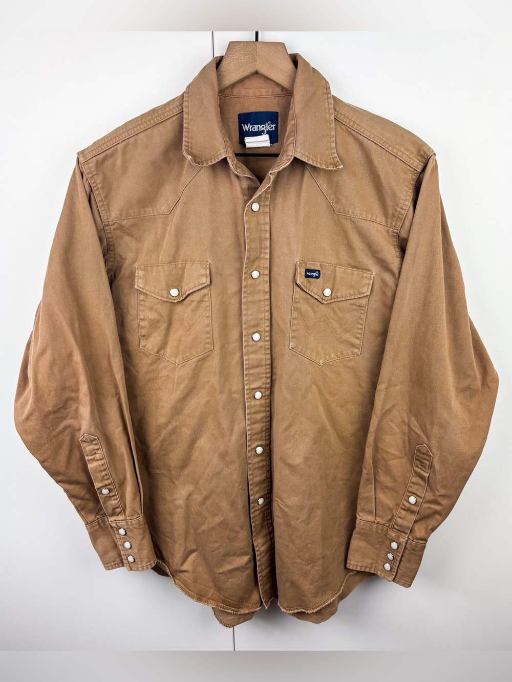 Wrangler Western Pearl Snap Button Down Shirt Vintage Cotton Tan Brown Rodeo